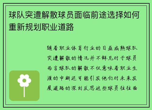 球队突遭解散球员面临前途选择如何重新规划职业道路